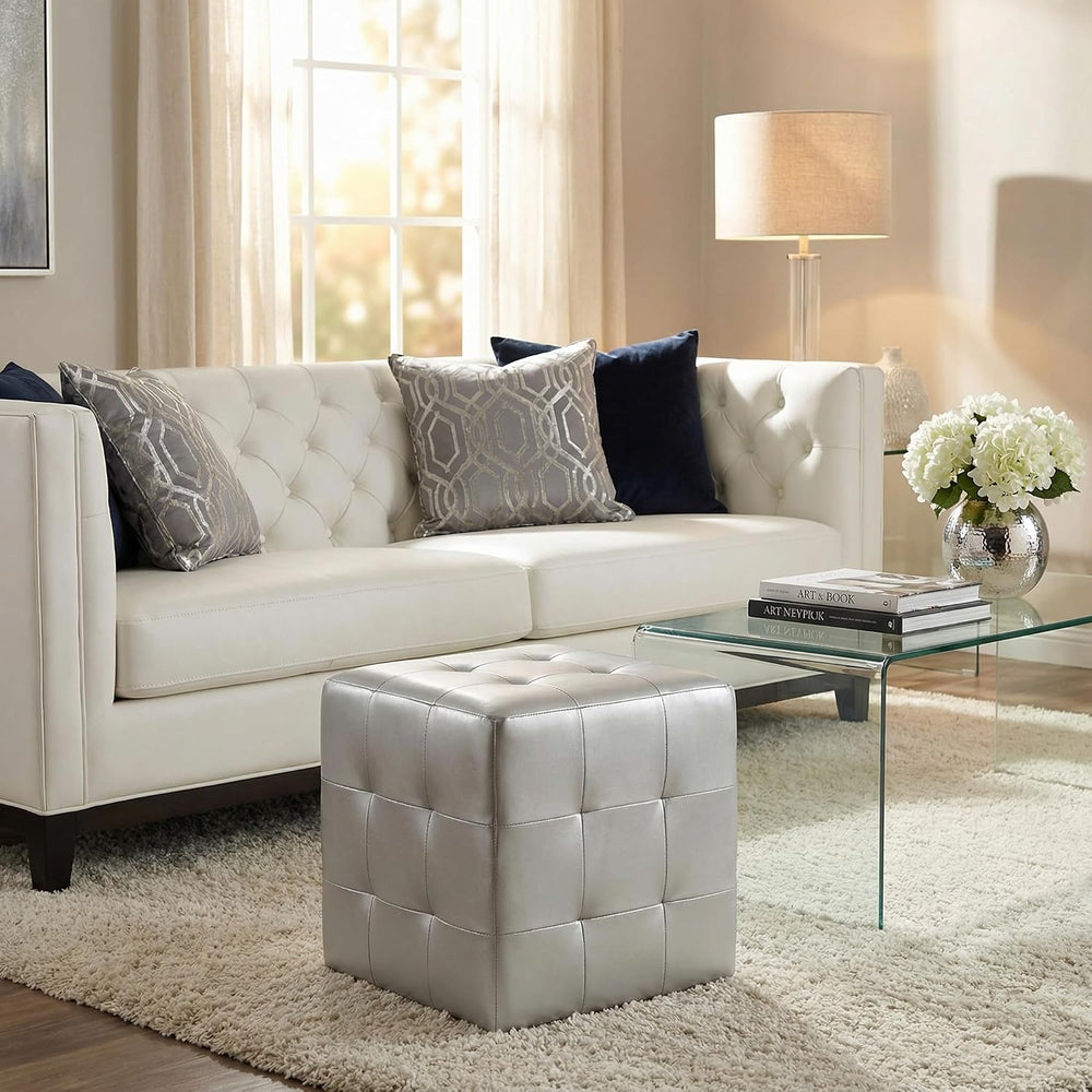 Cortesi Home Apollo Cube Ottoman in Metallic Silver Faux Leather