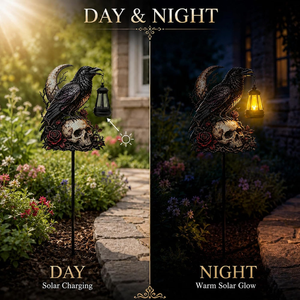 Halloween Garden Decorations Outdoor, Crow Skull Solar Garden Stake with Lant...