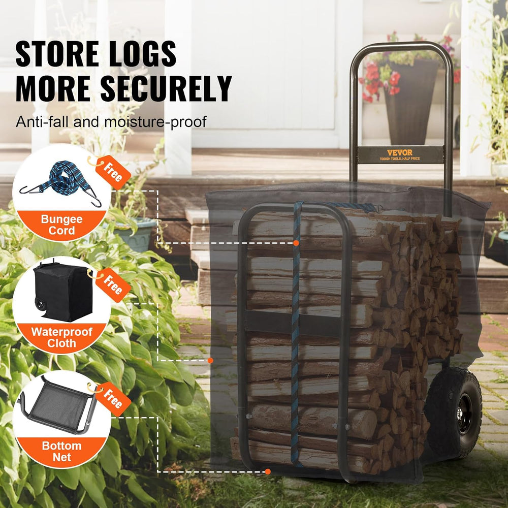 VEVOR Firewood Cart, 250 lbs Capacity, Black Heavy Duty Steel Dolly Hauler wi...