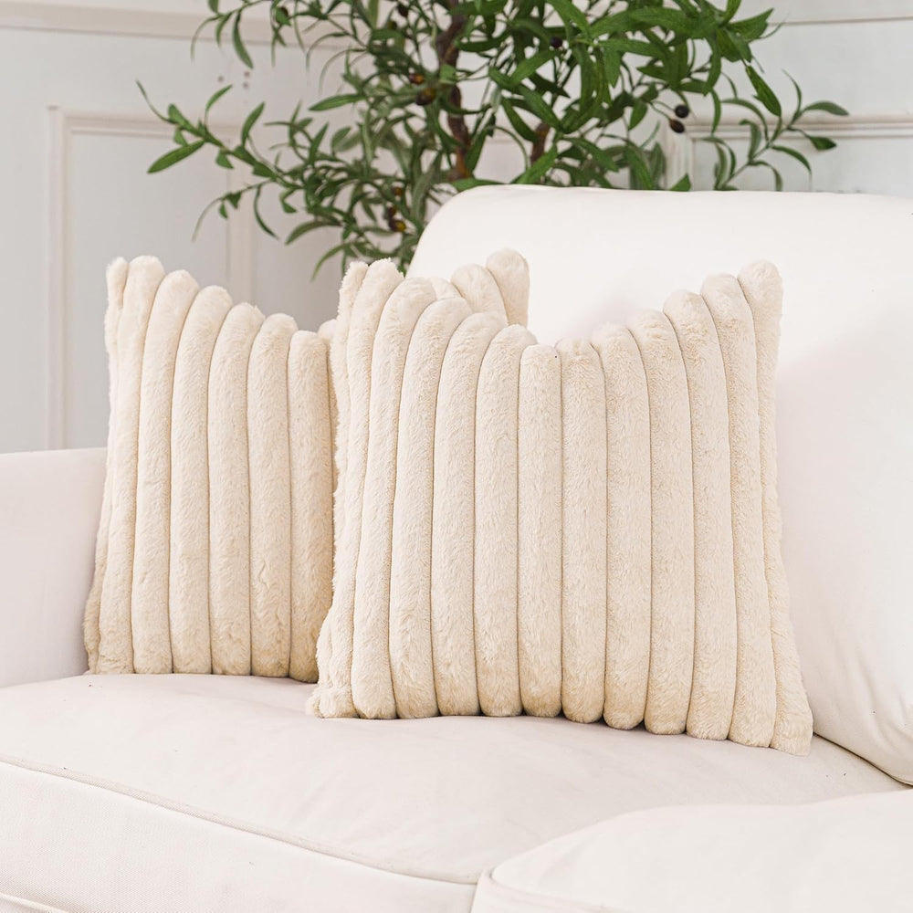 NiNi ALL Beige Faux Fur Throw Pillow Covers 26x26, Set of 2 Cushion Cases