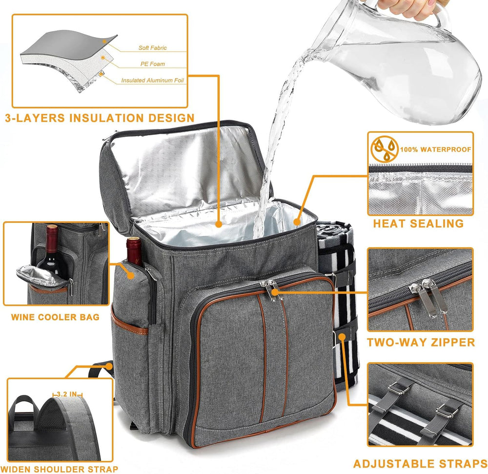 Picnic Backpack for 4, Insulated Cooler Bag with Blanket, Grey