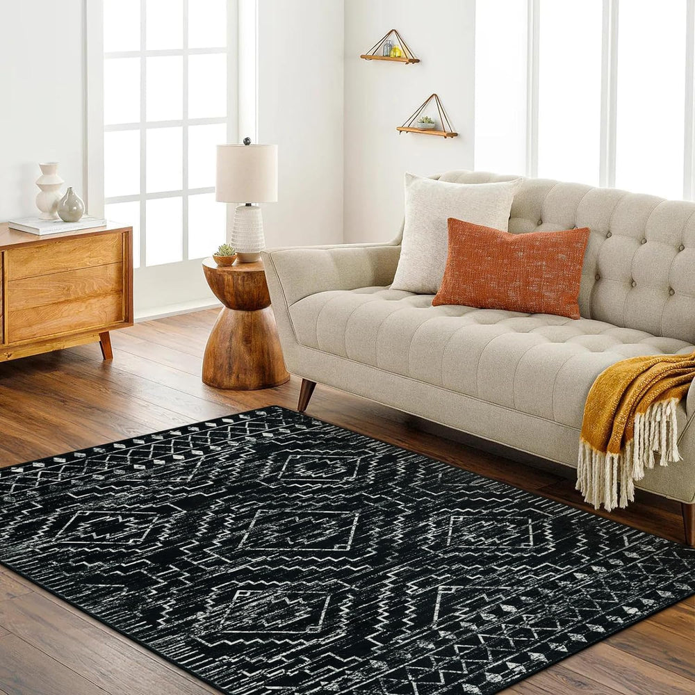 Wonnitar Moroccan Washable Area Rug 5x7, Black Large Rug for Living Room, Non...