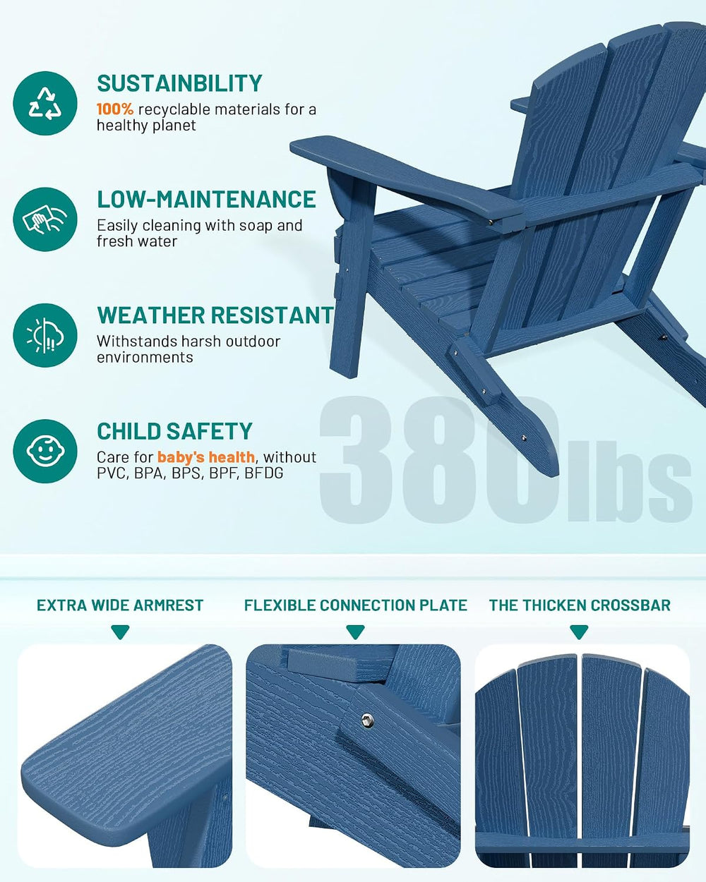 PLUUV Folding Adirondack Chair, HDPE Fire Pit Chairs with Cup Holder, Navy