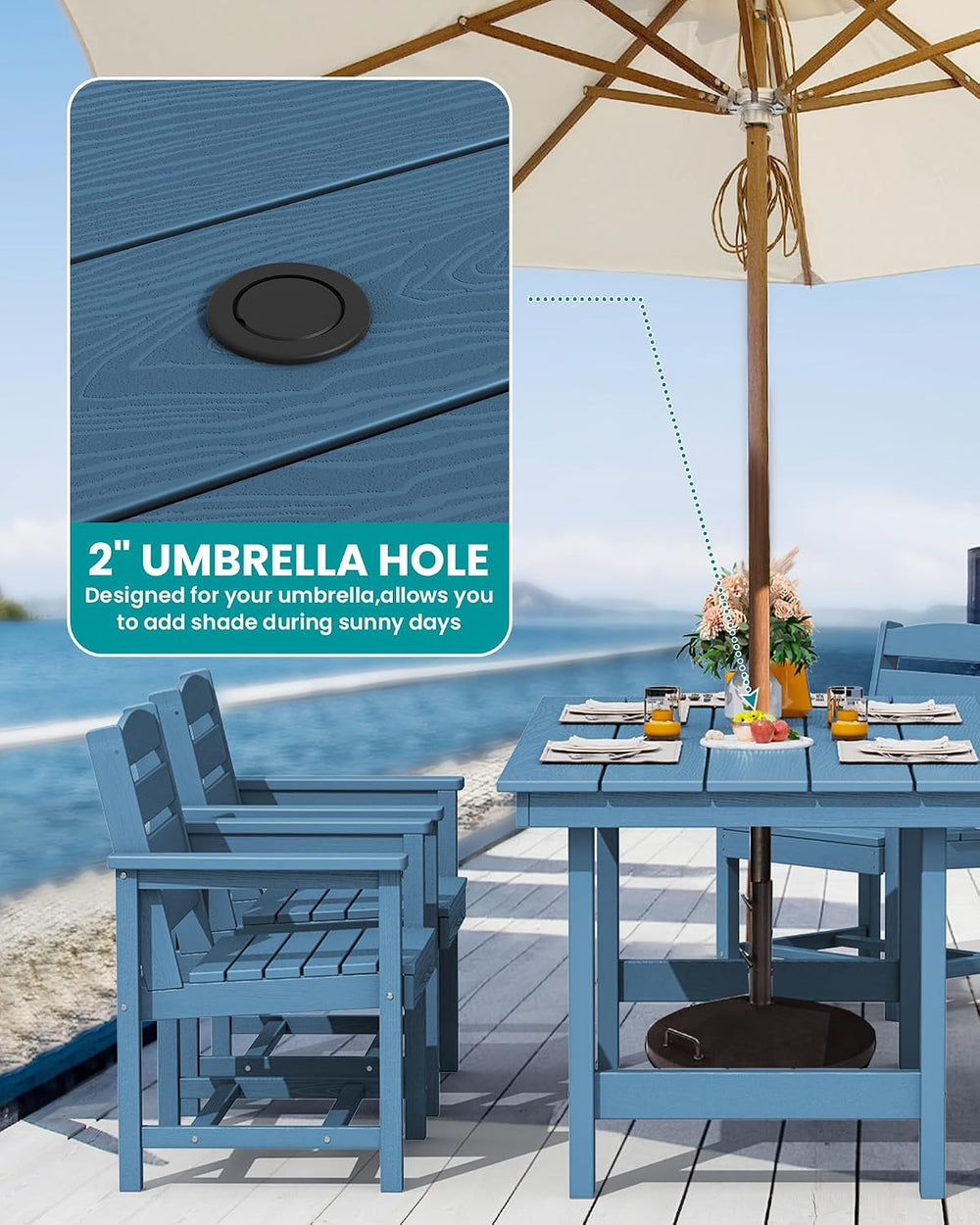 SERWALL 7 Pcs Outdoor Dining Set, 67" HDPE Dining Set for 6, Blue