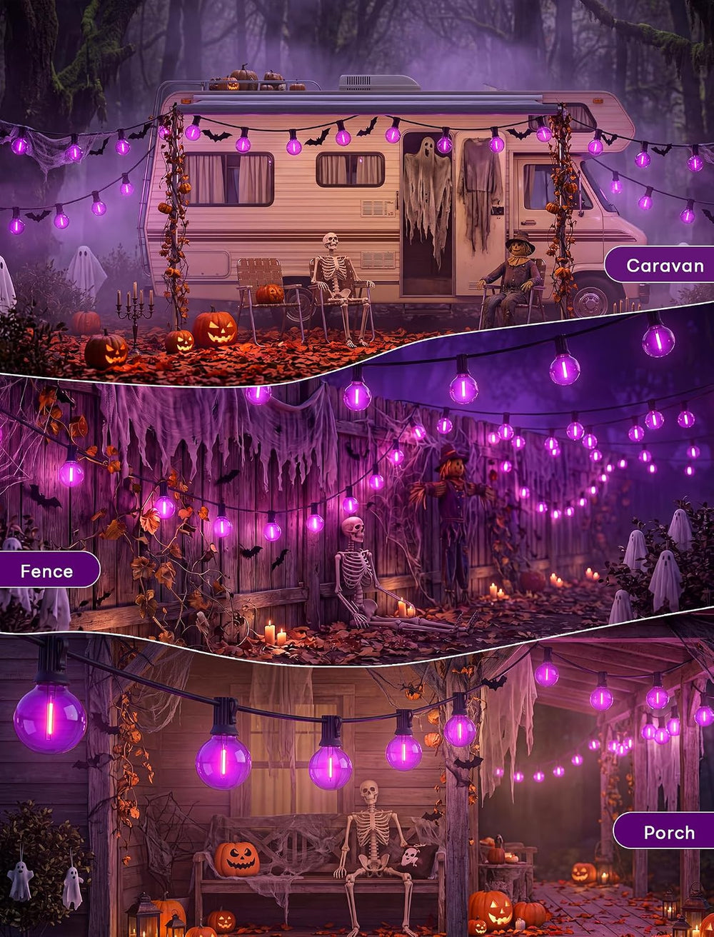 Abeja 50FT G40 Purple Halloween String Lights, Halloween Lights Outdoor with ...