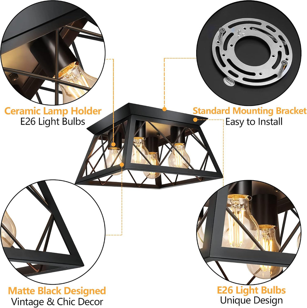 FadimiKoo 4-Light Black Flush Mount Ceiling Light for Kitchen Hallway, Indust...
