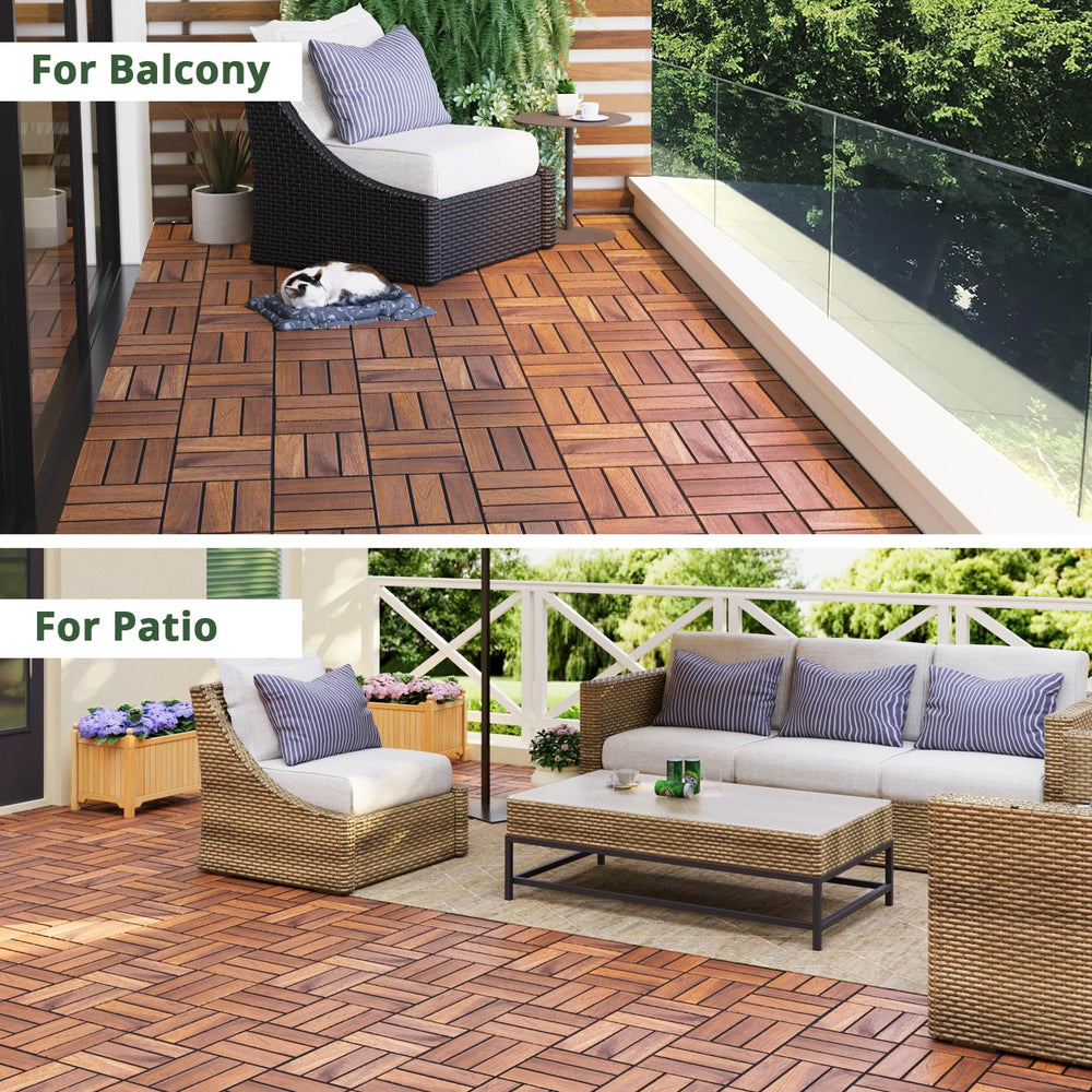 BEEFURNI Interlocking Acacia Wood Deck Tiles 12x12, 20PCS, Brown
