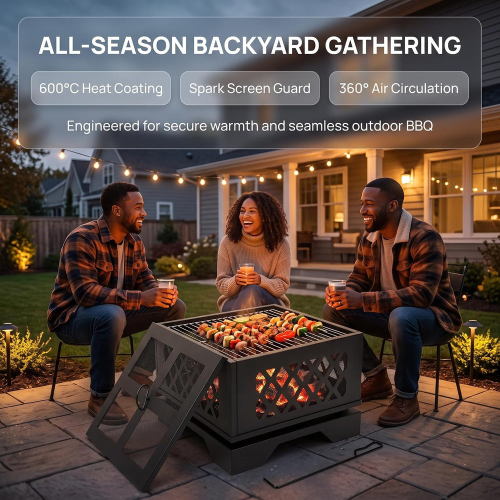 Kingson 20" Square Outdoor Fire Pit, 2-in-1 BBQ Grill, Heavy-Duty Steel