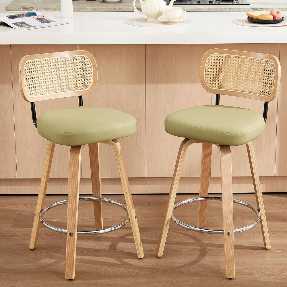 Rattan Bar Stools Set of 2,Upholstered PU Leather, 26‘’ Counter Height Barsto...
