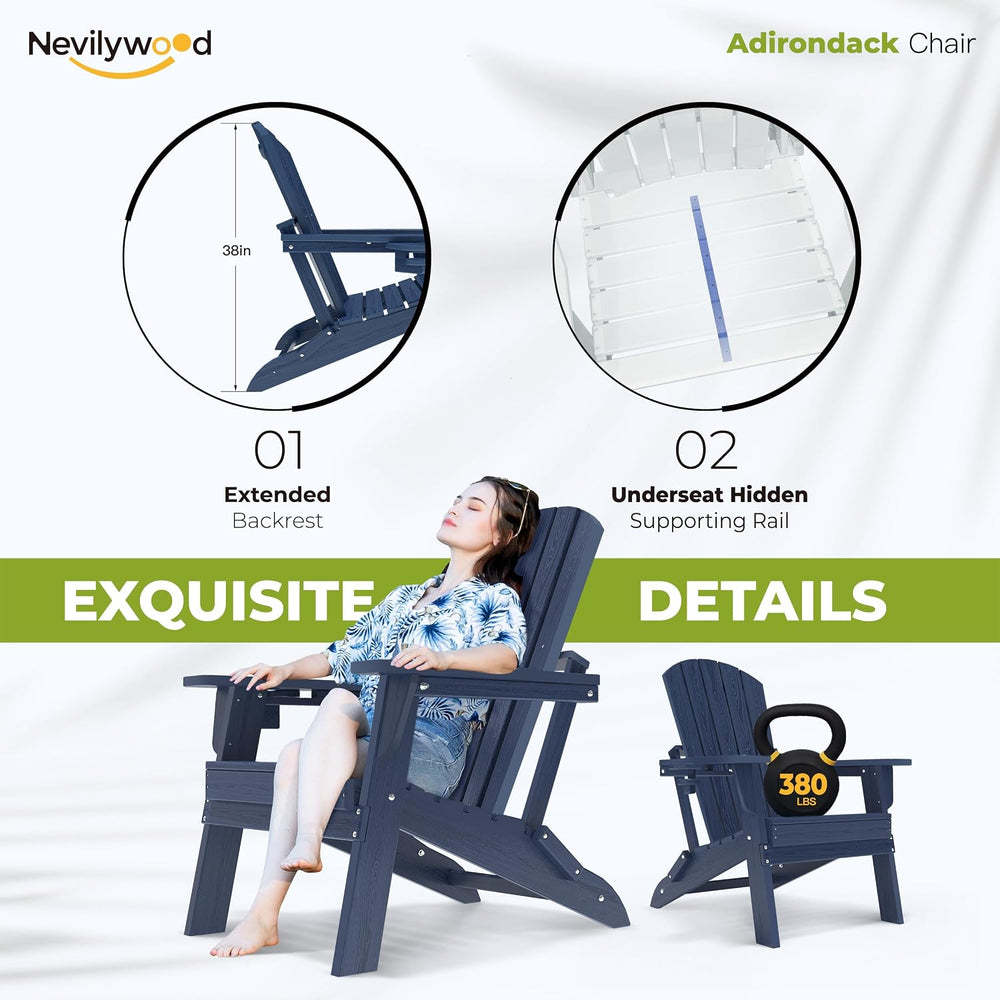 nevilywood Adirondack Chair Set of 2, HDPE Folding Outdoor Chair, Navy
