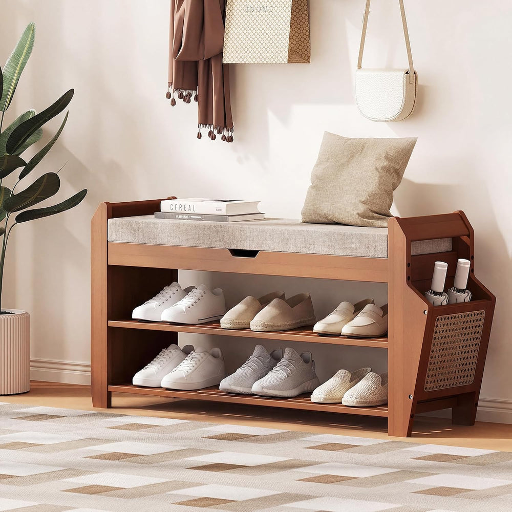 PETKABOO 31.5" Bamboo Shoe Rack Bench with Storage, 3-Tier Entryway Benc...