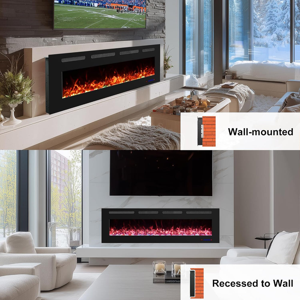 72" Ultra-Thin Electric Fireplace, Recessed/Wall, WiFi App, Black