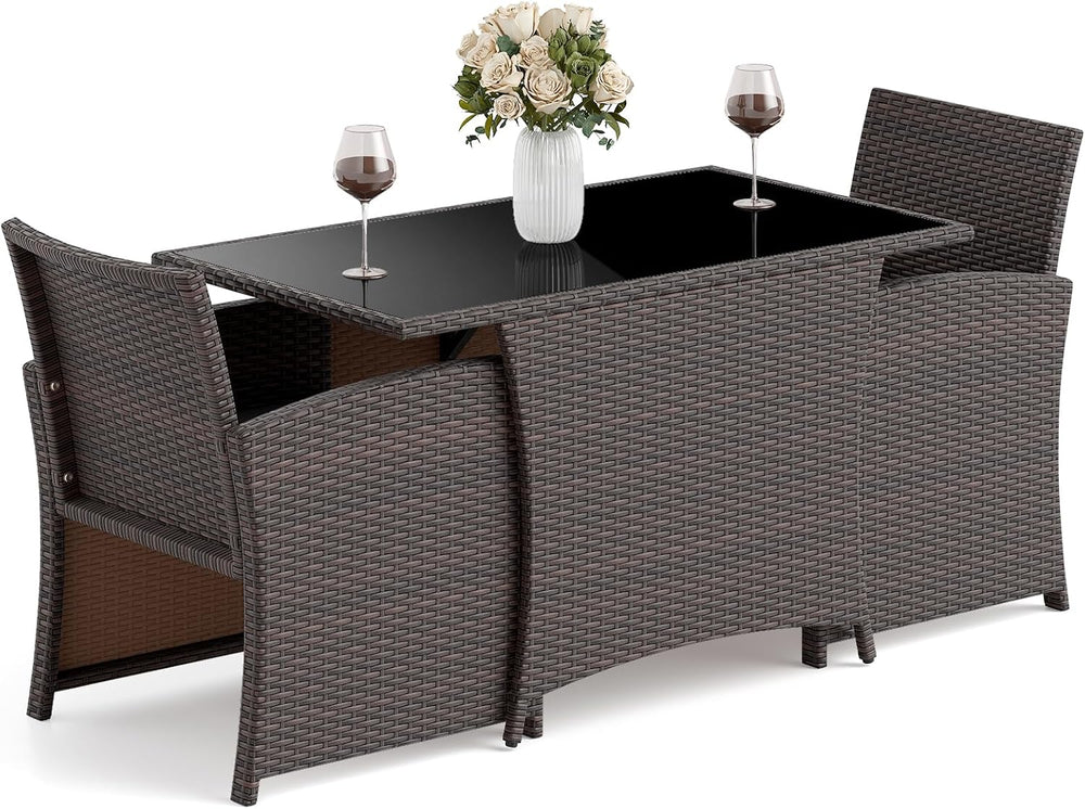 HAPPYGRILL 3 Pieces Patio Wicker Dining Set, Balcony Furniture Set w/Tempered...