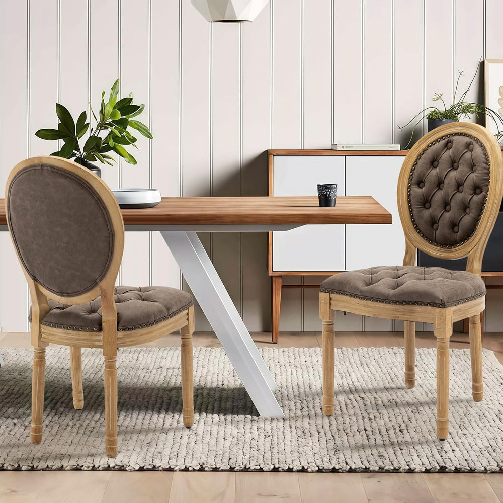 French Country Dining Chairs Set of 4,Upholstered PU Leather Chairs with Roun...