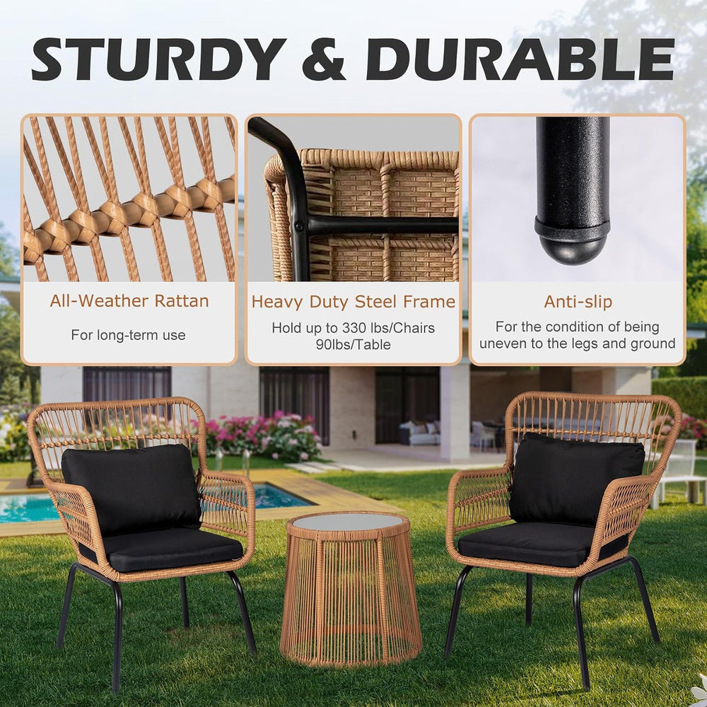 3 Piece Outdoor Wicker Furniture Bistro Set, Rattan Chairs Conversation Sets ...