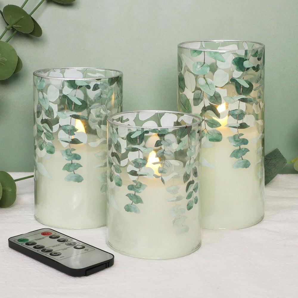 Green Glass Flameless Candles Remote Timer Eucalyptus Leaves Greenery Design ...