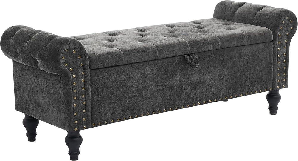51" Storage Bench for Bedroom, Upholstered Ottoman Bench, Chenille DarkGray