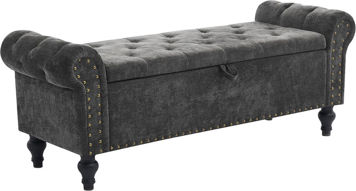 51" Storage Bench for Bedroom, Upholstered Ottoman Bench, Chenille DarkGray