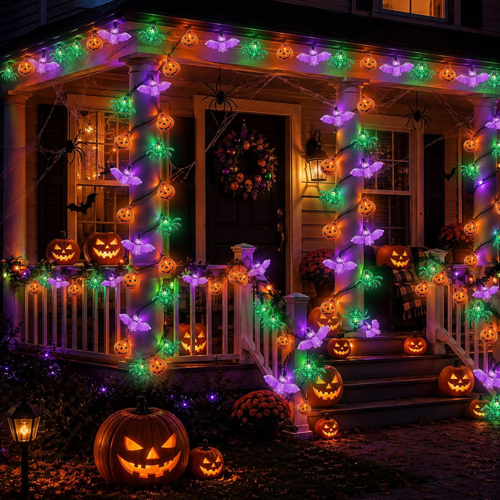 Couah Halloween Pumpkin Bat Spider LED String Lights, 12Ft Jack O Lantern Lig...
