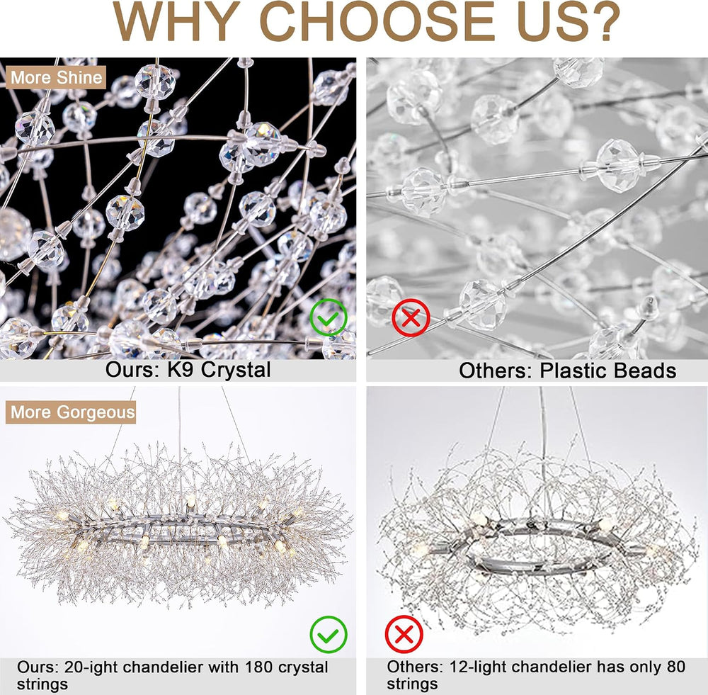 Wellmet Firework Chandelier 38 inch, Modern Crystal Chandelier Chrome Wagon W...