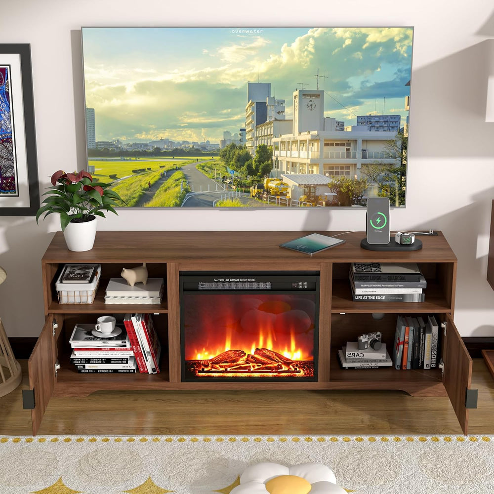 Fireplace TV Stand for Tvs up to 80" with Adjustable Shelf Charging Station