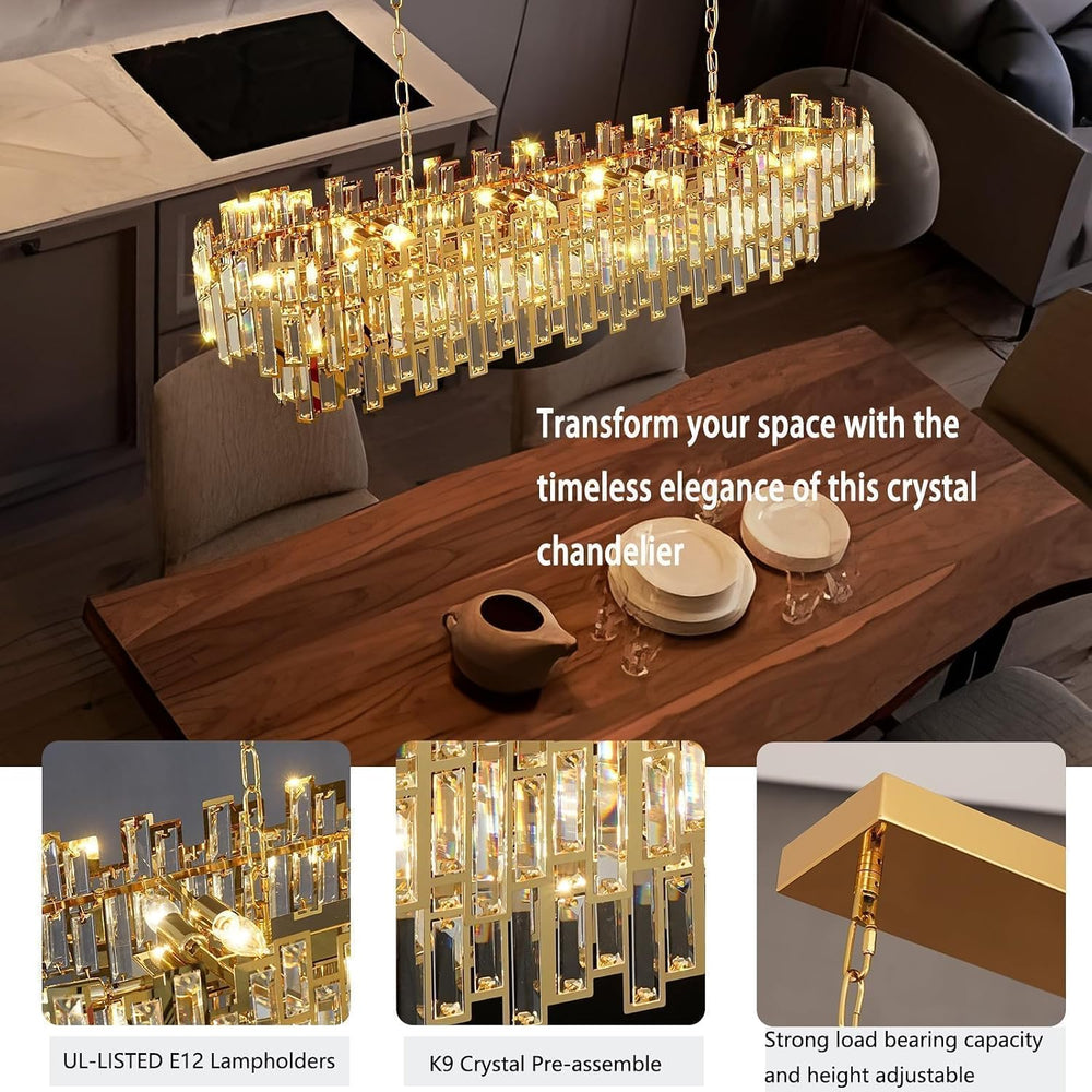 51 Inch Modern Large Crystal Chandelier Light Luxury Gold Rectangular Chandel...