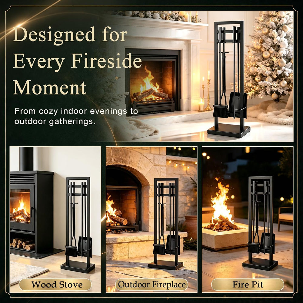 FEED GARDEN 5-Piece Fireplace Tool Set, 30" One-Piece Stand, 10mm Solid