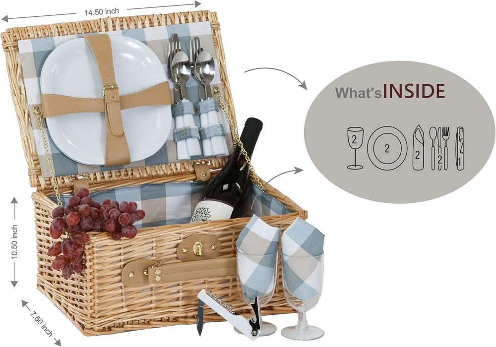 Boothbay Two Person Picnic Basket Willow Picnic Basket with Two Plates/Flatwa...