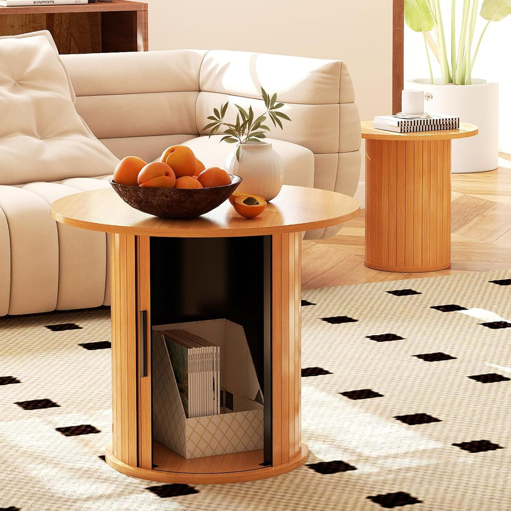 Round Wood Coffee Table with Storage, Small Circle Tables for Small Spaces