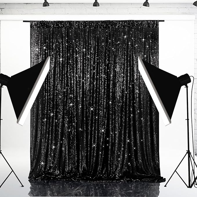 Eternal Beauty Black Sequin Backdrop, 7x7 Ft Halloween Glitter Background Cur...