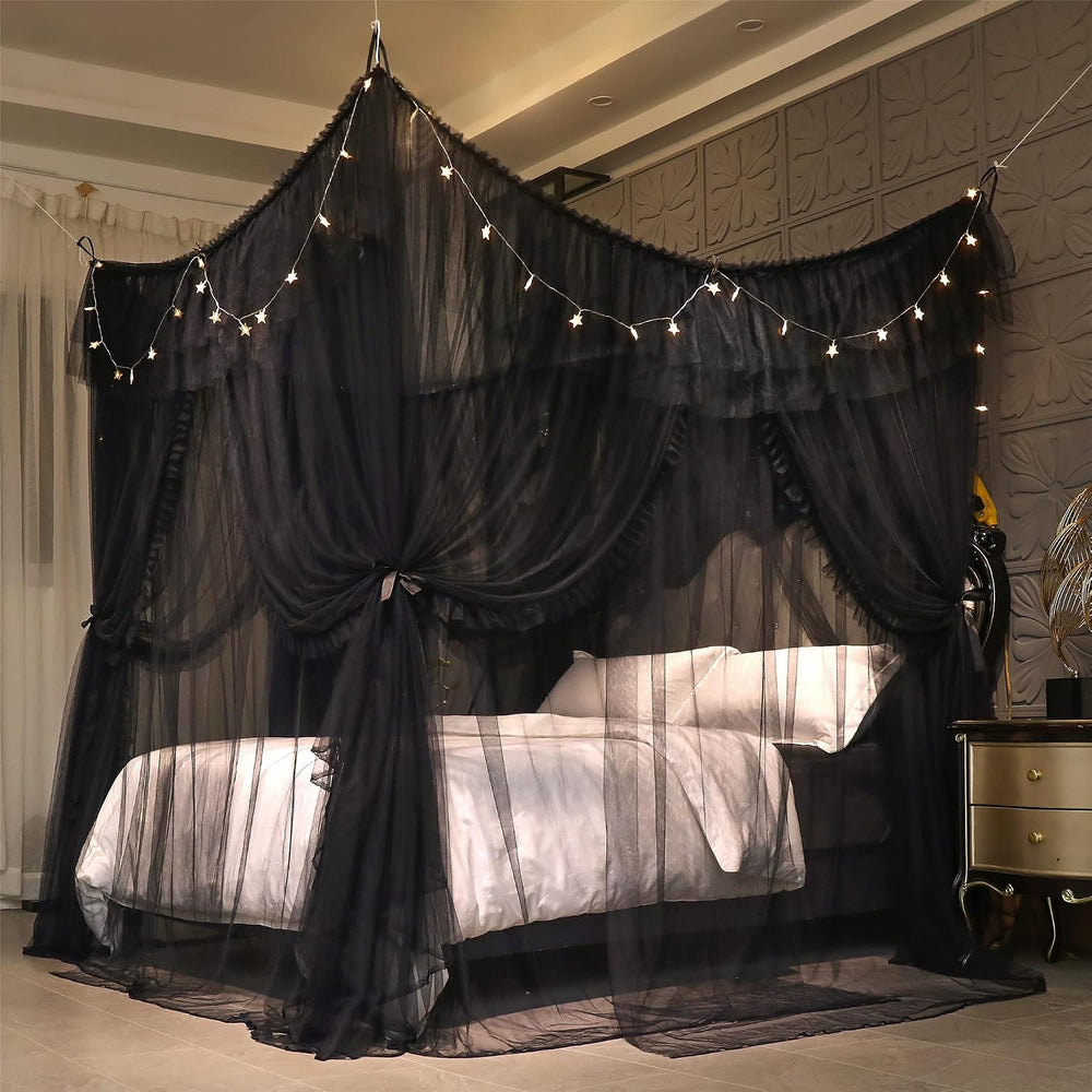 VETHIN 4 Corners Post Ruffle Princess Bed Canopy Curtain-Double Layer Cozy Dr...