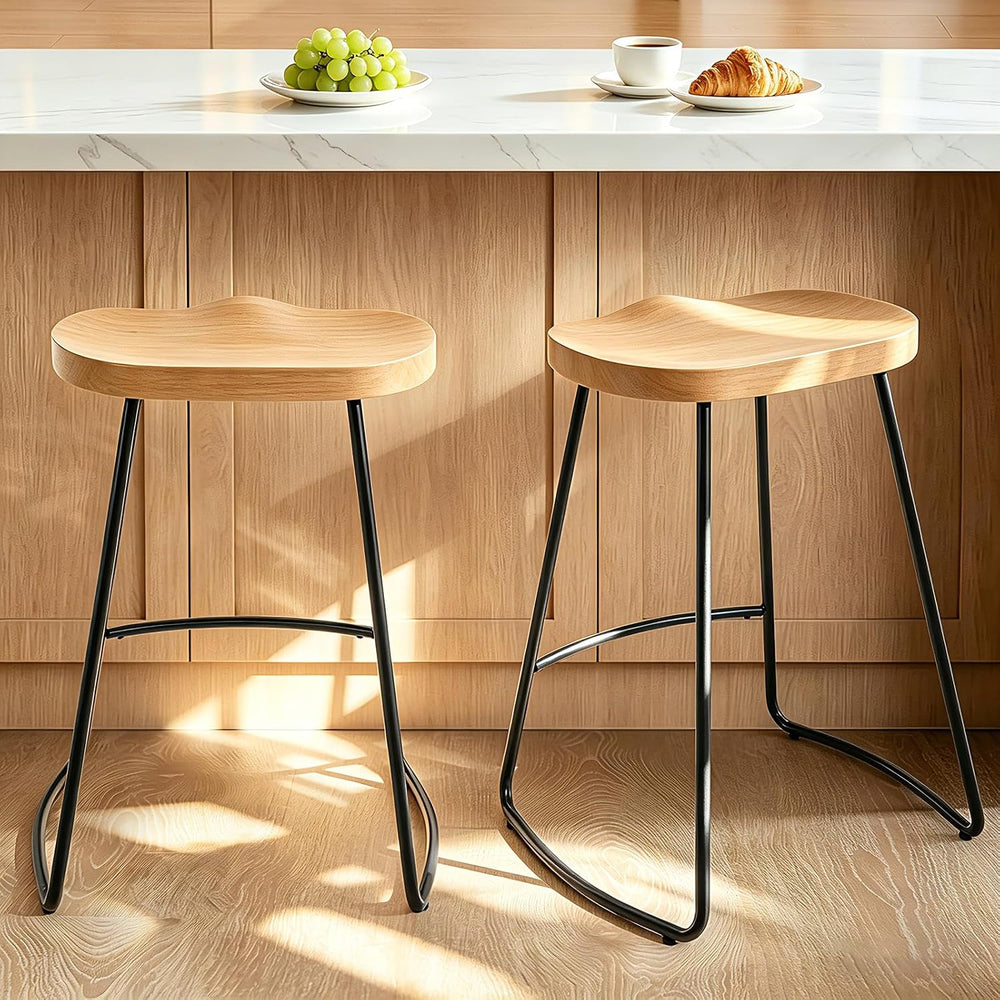 Bar Stools Set of 2, 24'' Counter Height Rustic Wooden Saddle Seat Na...