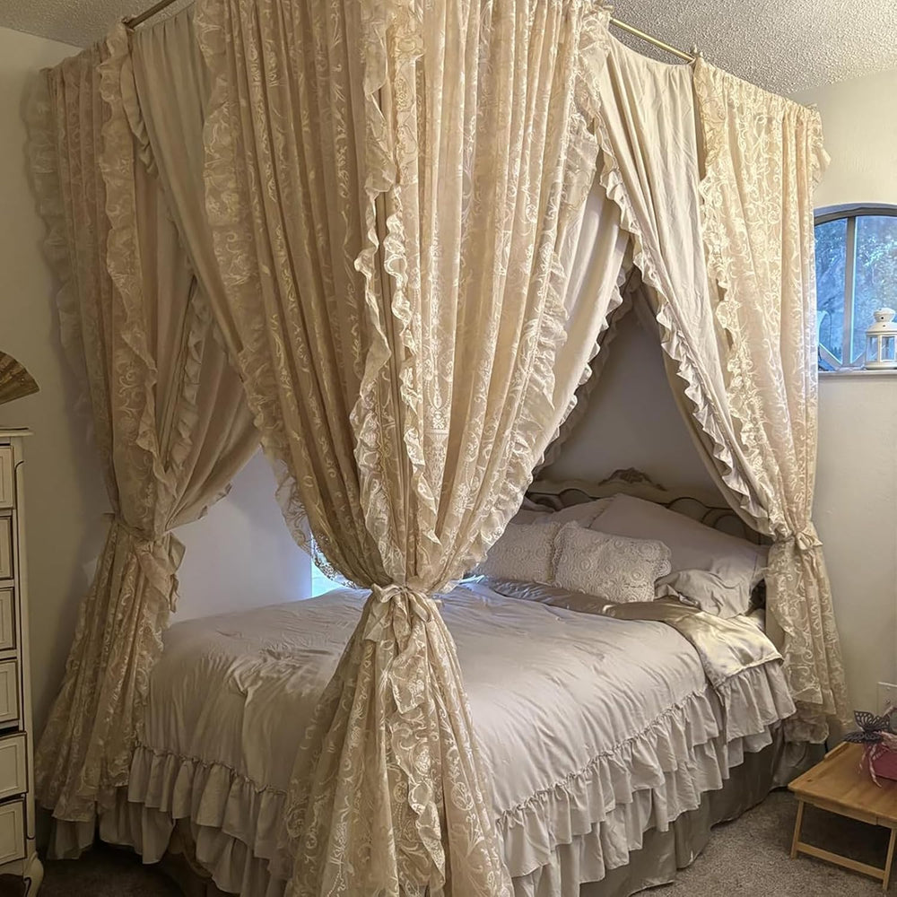 TUDECO Beige Lace Curtains 84 Inches Long, Vintage Ruffle, 2 Panels
