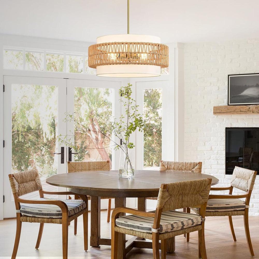 19.7" Rattan Chandelier for Dining Room, 4-Light Boho Pendant Hanging Light