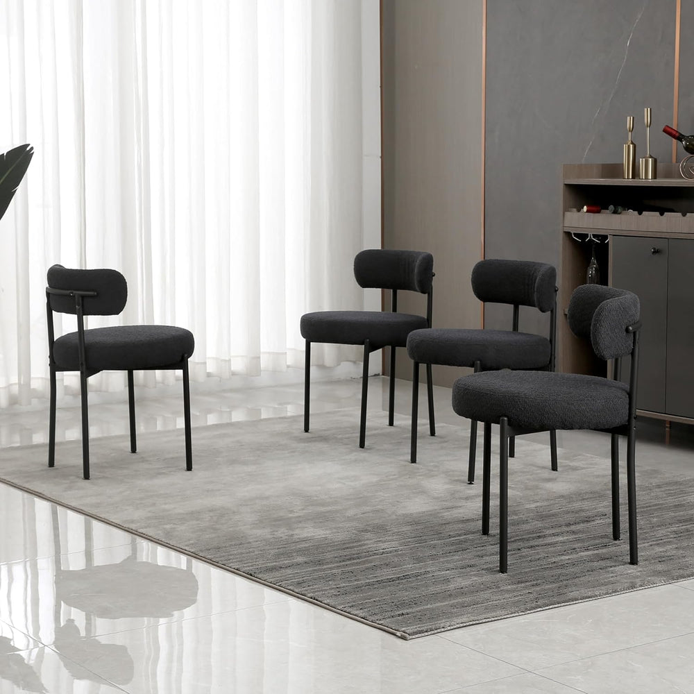 Black Dining Chairs Set of 4 Round Upholstered Boucle Dining Room Chairs Mid-...