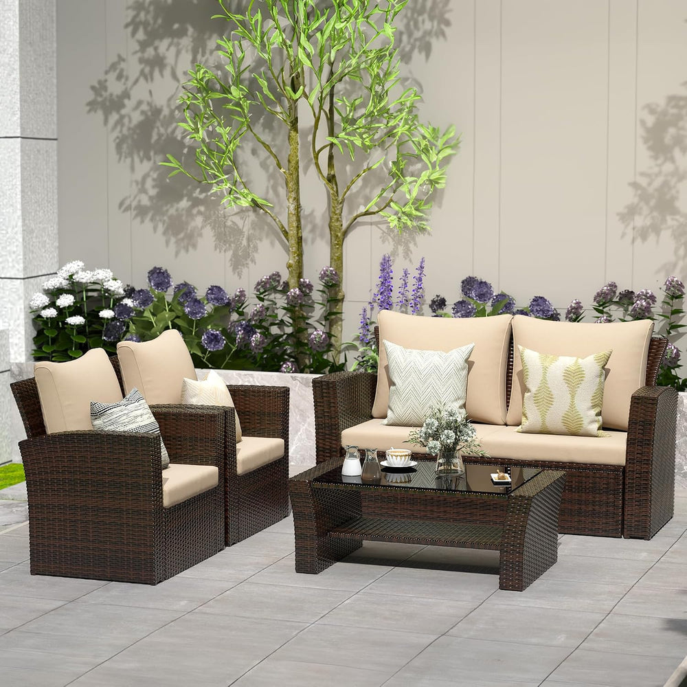 Solaste 4 Piece Patio Outdoor Furniture Sets,Patio Conversation Sofa Wicker C...