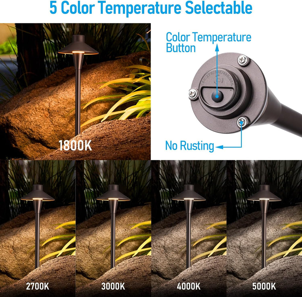 LEONLITE 6-Pack 5CCT Low Voltage LED Pathway Lights, Hat Shape Head