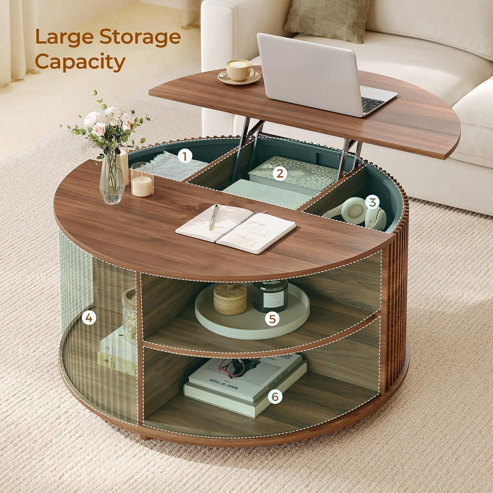 Round Lift Top Coffee Table, 34.6" Modern Coffee Table with 180° Curved ...