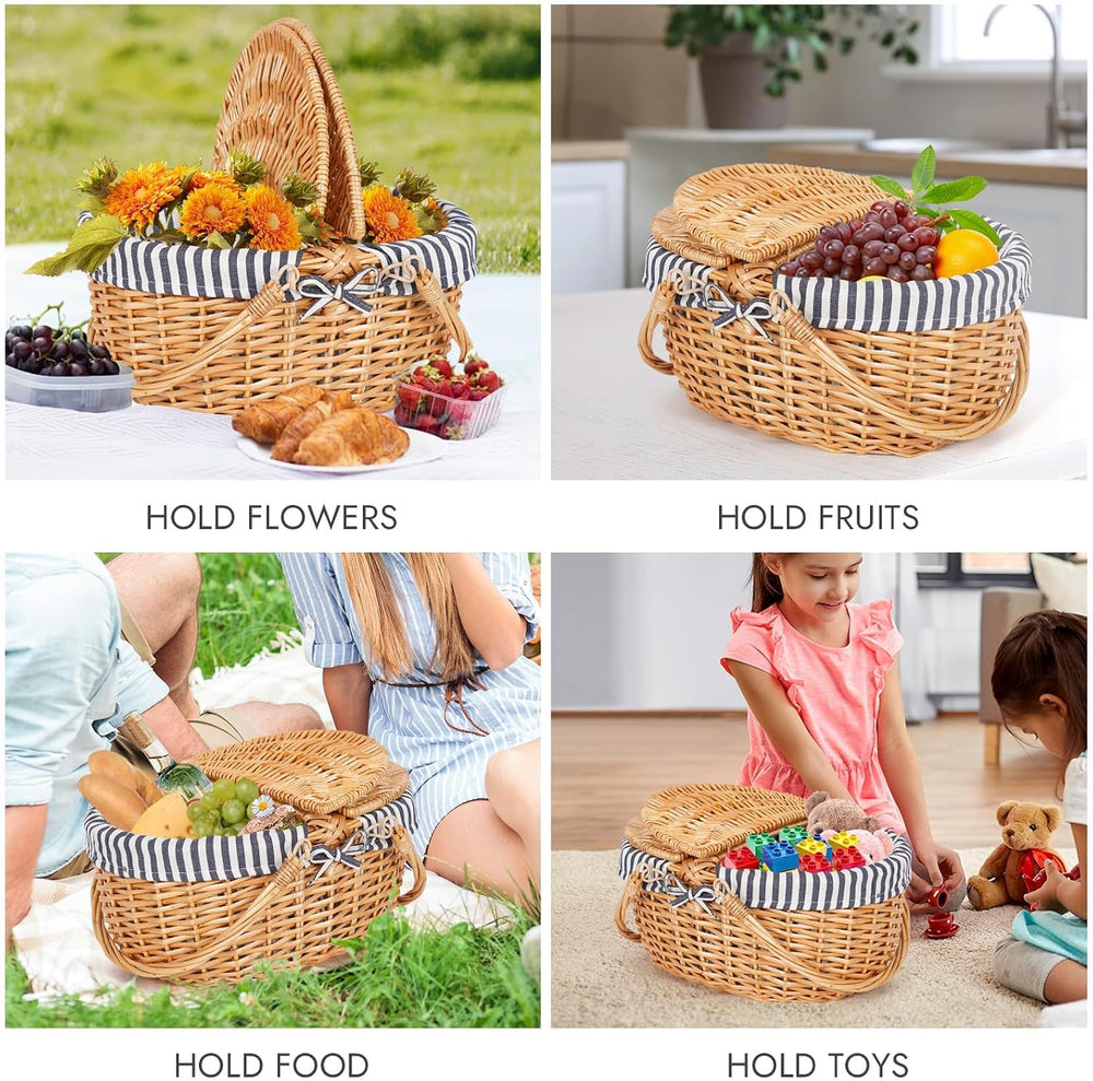 HappyPicnic Wicker Picnic Basket with Handle & Lid, 15" Vintage Hand...