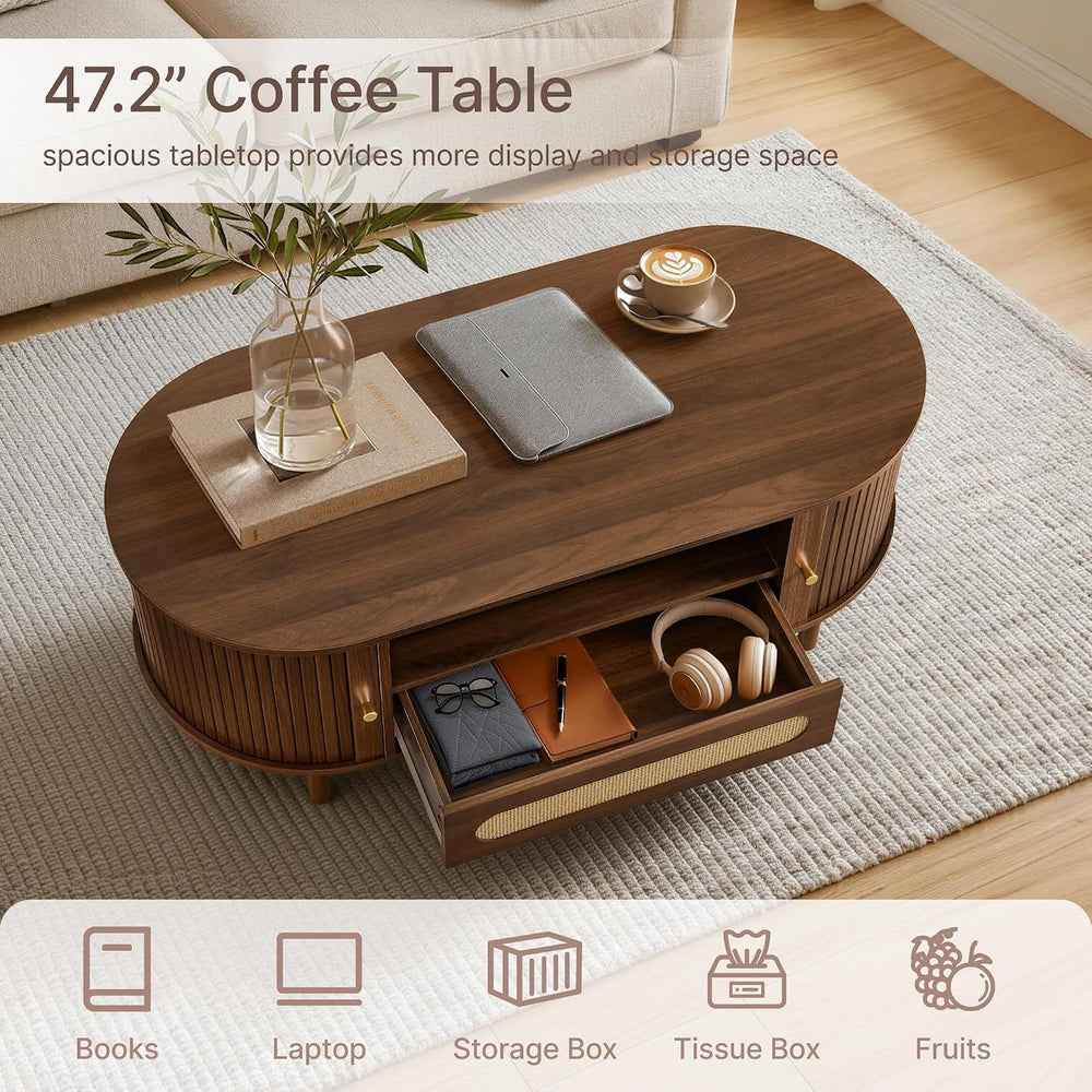 KISLOT Oval Coffee Table with Drawer,47.2" Fluted Center Table for Livin...