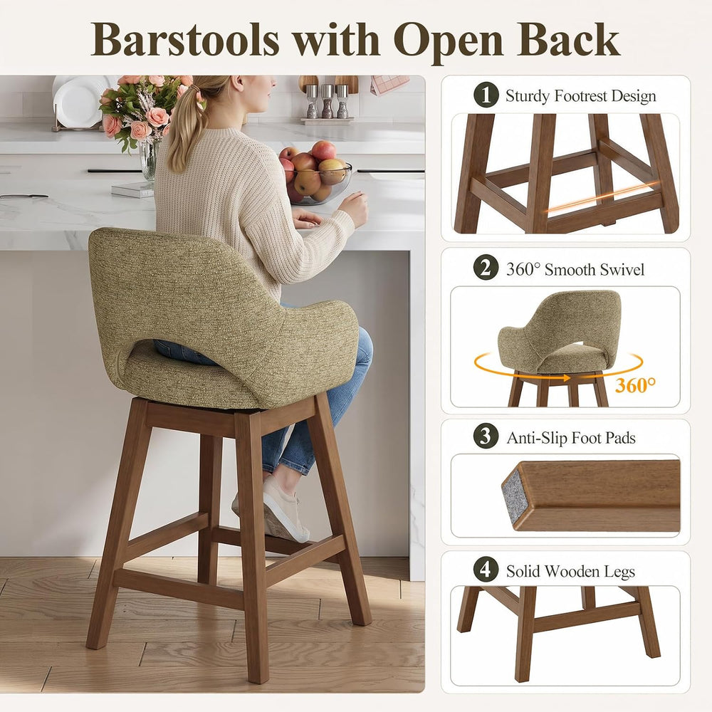 Swivel Bar Stools Set of 2, Modern Fabric Upholstered Counter Height Stools w...