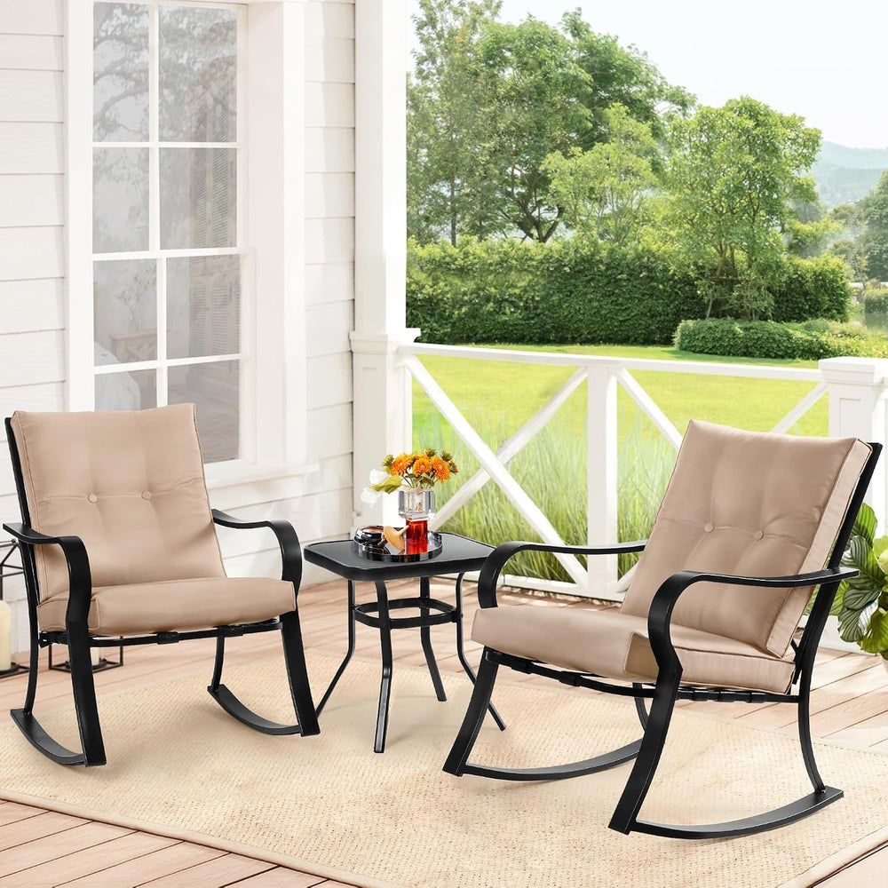 SOLAURA 3-Piece Outdoor Rocking Chairs Bistro Set, Black Iron Patio Furniture...