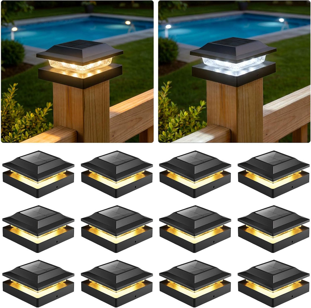 4x4 Solar Post Cap Lights 12-Pack, 16 LED Dual Mode for Wood/Vinyl Posts