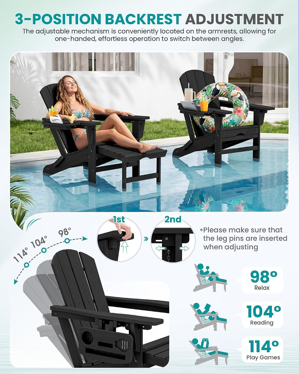 SERWALL Folding Adjustable Adirondack Chairs with Footrest Set of 4, HDPE Out...