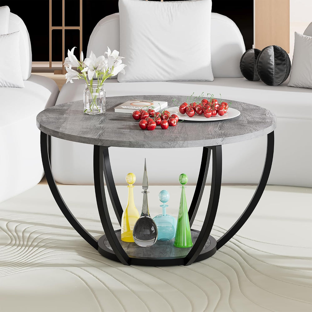 HOMERECOMMEND Round Coffee Table with 2-Tier Storage for Living Room,Grey
