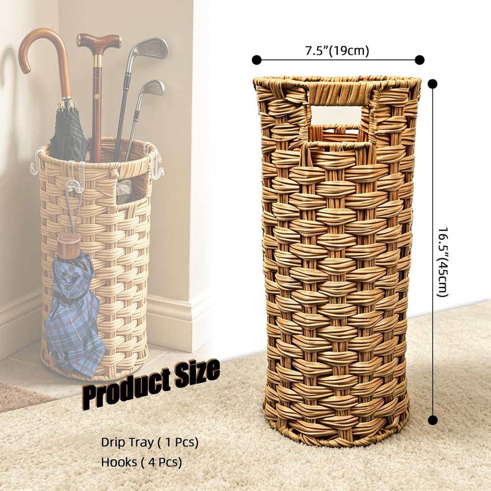 Rattan Umbrella Stand with Drip Tray - Hand Woven Entryway Umbrella Holder