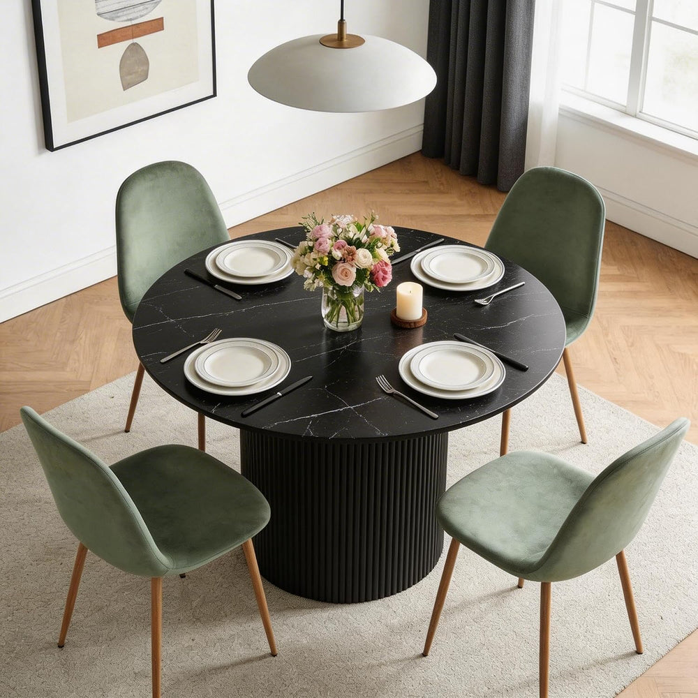 Dining Table Set for 4, Mid Century Modern 47 Inch Black Marble-Look Wooden R...