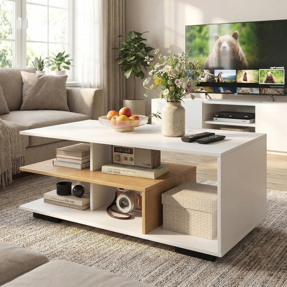 GOFLAME Rectangular Coffee Table for Living Room, 3-Tier Wood Center Table wi...