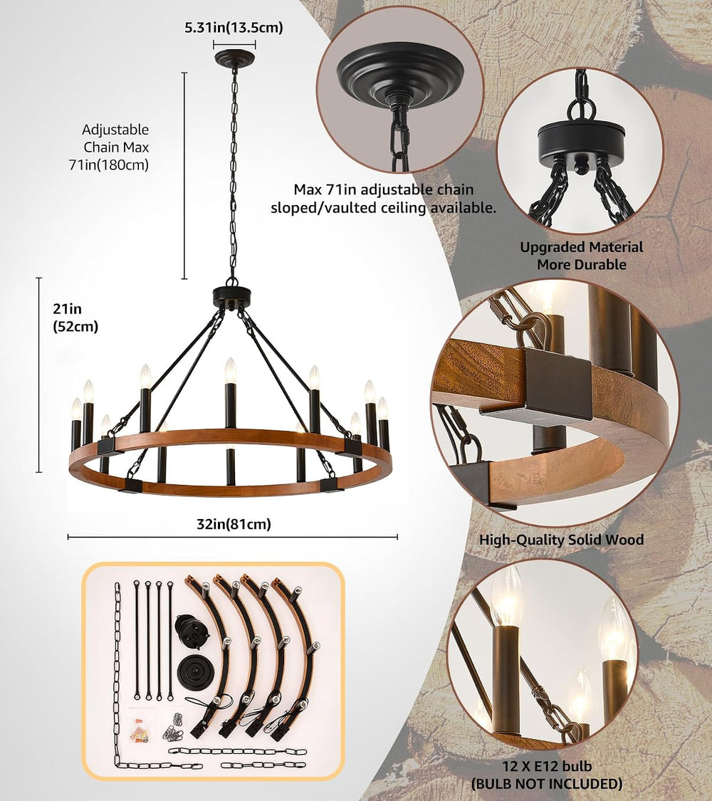 HHR 32" Wood Wagon Wheel Chandelier 12-Light Round Farmhouse Chandelier