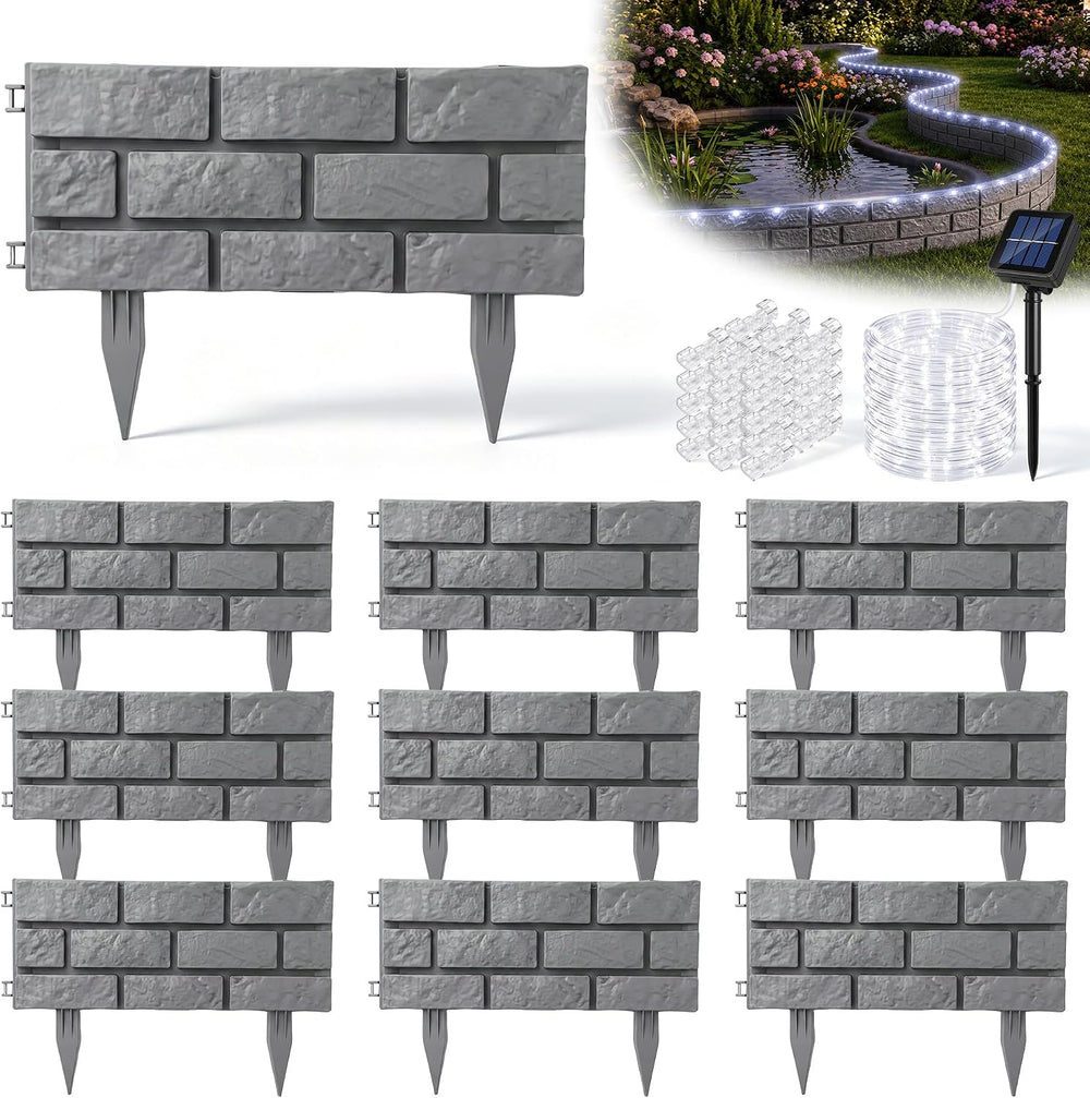 14.76 FT Imitation Stone Garden Fence, 1pc Solar Light String, 30pc Clips